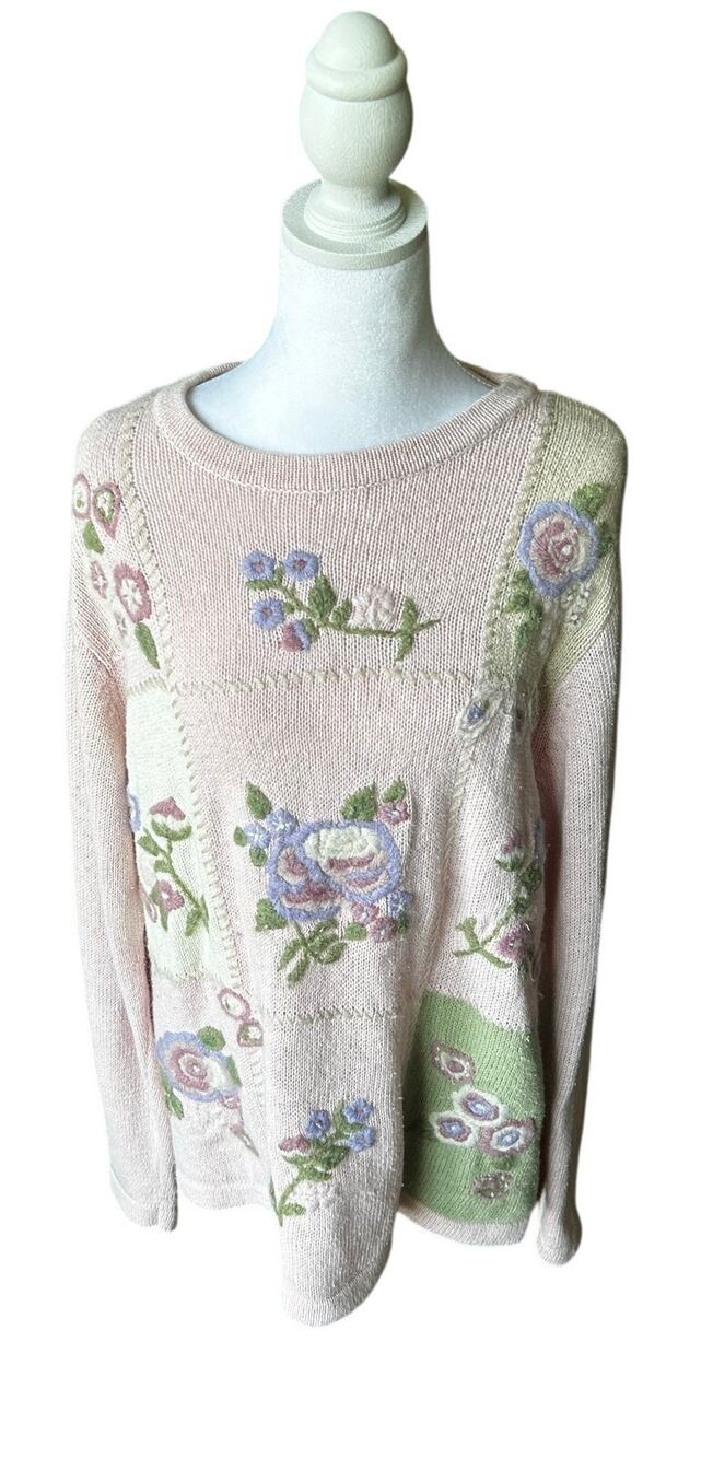 Vintage Embroidered Floral Knit Pullover Sweater Cream Pastel Multicolored